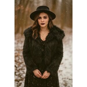 Whimsigoth Fairyglam Holiday Glam Winter Club Party Black FauxFur M Collar Coat